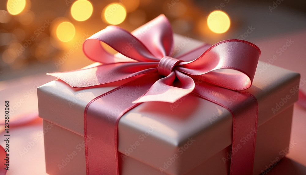 Gift box with pink ribbon against soft bokeh background Gift box with pink ribbon against soft bokeh background