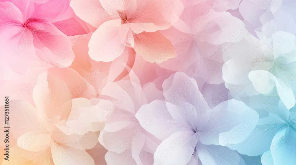 Soft pastel flowers create gentle, modern abstract background, blending hues of pink, peach, and blue. This serene design evokes calmness and tranquility