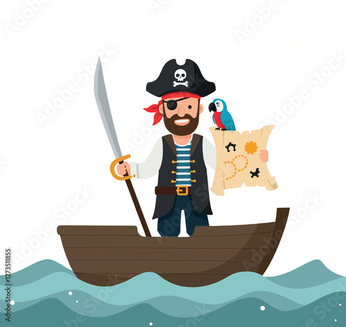 Pirate character sailing on a ship with a map in flat vector art
