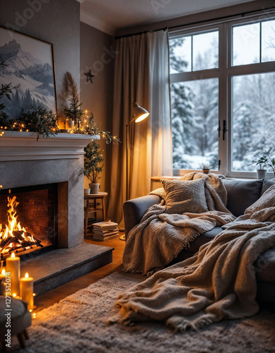 Cozy Scandinavian living room interior during a snowy winter evening, showcasing a fireplace with a crackling fire, warm woolen blankets draped over a gray sofa, and soft, ambient lighting from a floo