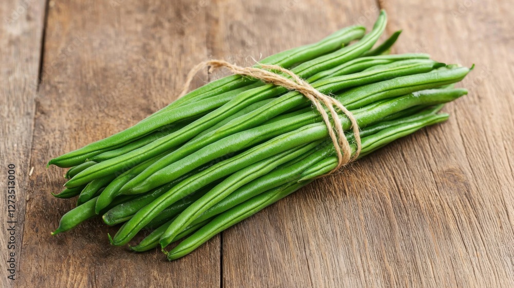 Bunch of green beans on a wooden background Bunch of green beans on a wooden background