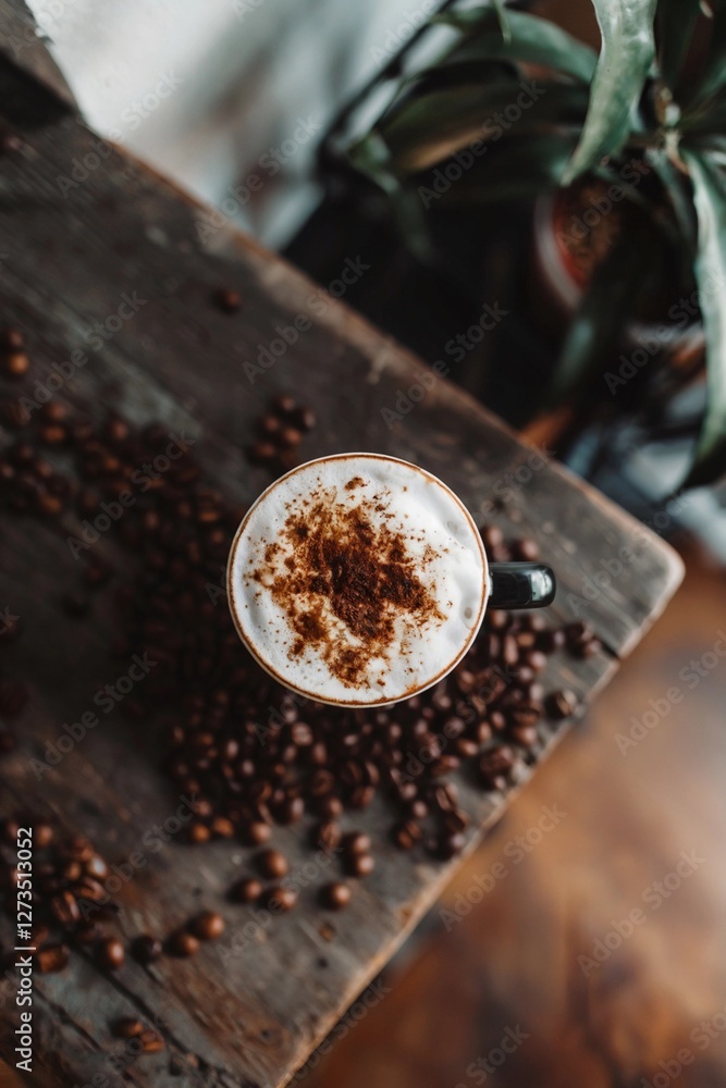 Top view of a creamy cappuccino surrounded by coffee beans and a potted plant on rustic wooden table Top view of a creamy cappuccino surrounded by coffee beans and a potted plant on rustic wooden table