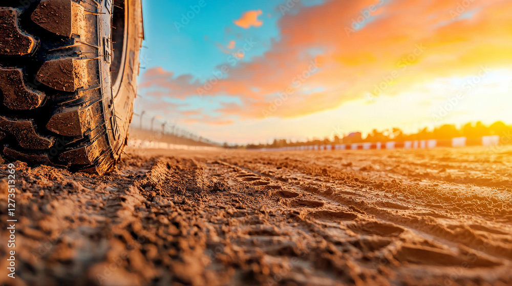 Fototapeta premium Tire prints on dusty dirt race track at sunset, showcasing vibrant colors and textures. scene captures essence of racing and adventure in serene environment