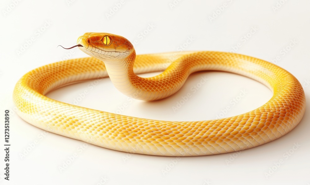 Fototapeta premium A vibrant yellow snake coiled elegantly on a smooth surface, showcasing its scales and tongue