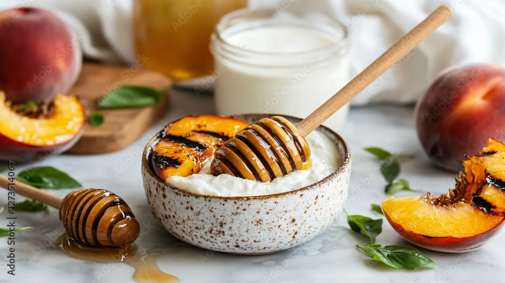A warm and inviting kitchen counter with grilled peaches, a jar of fresh farm honey, and a wooden spoon dipped in Greek yogurt A warm and inviting kitchen counter with grilled peaches, a jar of fresh farm honey, and a wooden spoon dipped in Greek yogurt