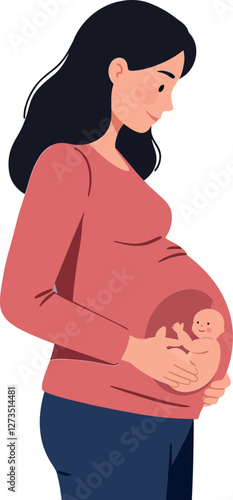 Pregnant woman cradling her baby in a flat vector illustration