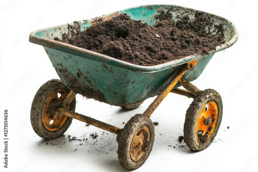 High-resolution studio shot of a classic metal wheelbarrow filled with dark rich soil isolated on white background High-resolution studio shot of a classic metal wheelbarrow filled with dark rich soil isolated on white background