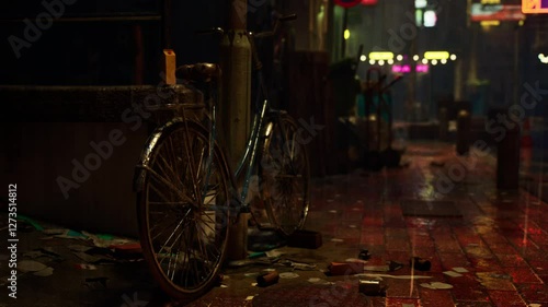 A bike is parked on the side of a street next to a trash can, illuminated by a bright neon light on a rainy night in a quiet Asian city. photo