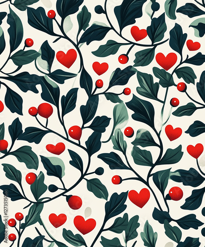 Bright floral pattern with holly leaves and red berries in the shape of a heart on a soft cream background. Perfect for holiday themed designs..