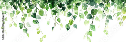 A serene border of botanical elements, painted in watercolor, featuring subtle green hues and delicate little flowers