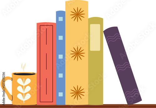 Bookshelf with books. World Book Day. Education concept. Simple funny clipart isolated on white background. Book festival.