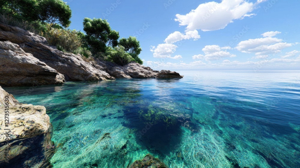 Serene coastal landscape with clear water and lush greenery. Serene coastal landscape with clear water and lush greenery.