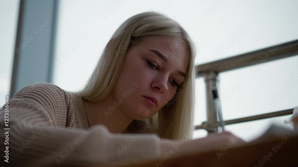 Focused young woman writing with a serious expression, deep in thought, holding a pen over a notebook, with blurred background featuring metal railing and soft lighting Focused young woman writing with a serious expression, deep in thought, holding a pen over a notebook, with blurred background featuring metal railing and soft lighting