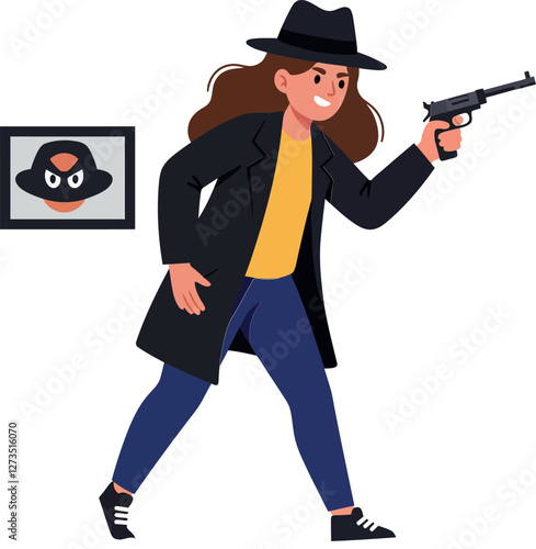 Woman in a trench coat aiming a gun in flat vector art