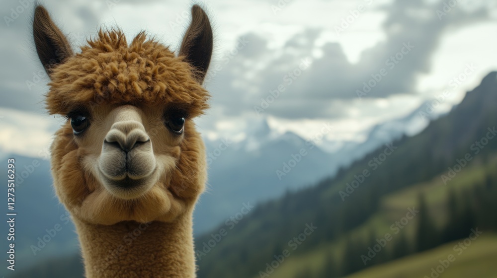 Alpaca stares at the camera with mountainous background view Alpaca stares at the camera with mountainous background view