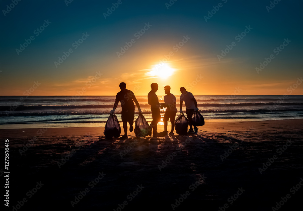 Shenzhen, China - Unknown Date : Four silhouetted individuals stand on a sandy beach at sunset, each carrying bags, possibly engaged in a beach cleanup effort. Shenzhen, China - Unknown Date : Four silhouetted individuals stand on a sandy beach at sunset, each carrying bags, possibly engaged in a beach cleanup effort.