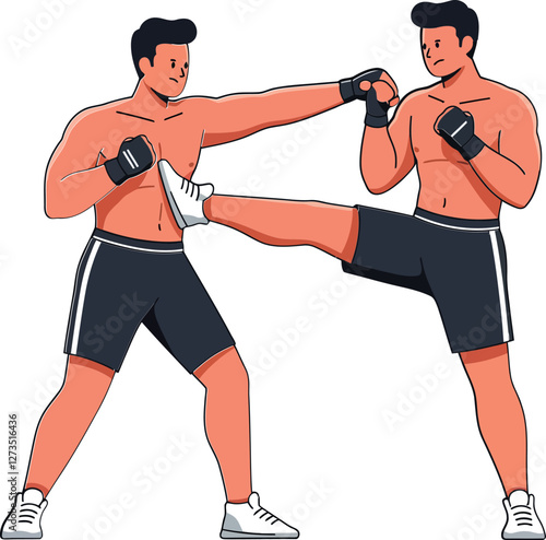 Two male fighters in action poses with flat design vector art