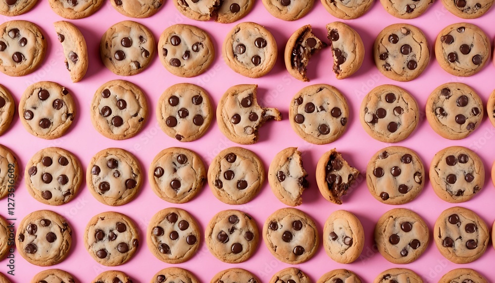 Flat Lay of Chocolate Chip Cookies on Pink Background Flat Lay of Chocolate Chip Cookies on Pink Background
