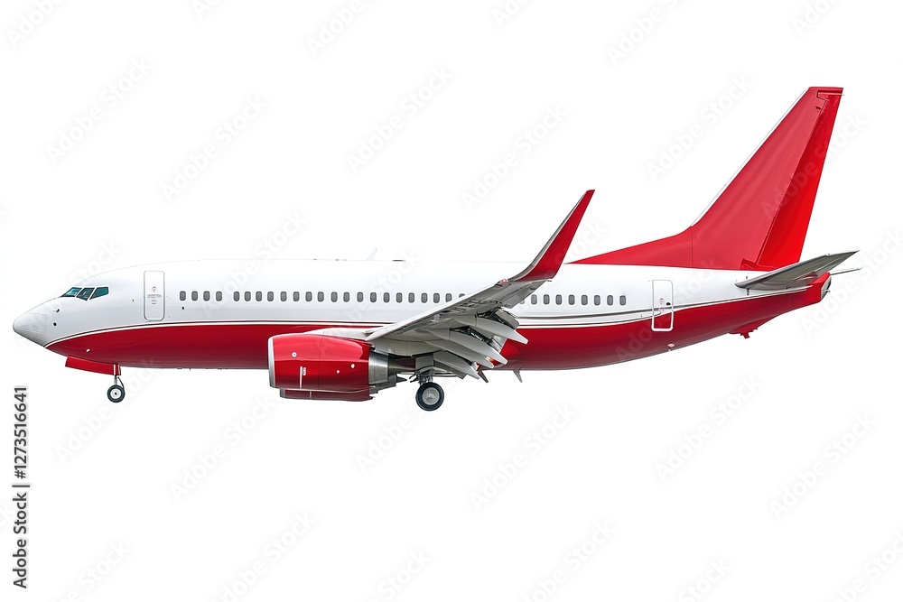 Obraz premium Red and White Airplane Soaring: A vibrant, isolated vector graphic of a sleek red and white airplane in flight, perfect for travel, aviation, and transportation designs. Ideal for websites, brochures,