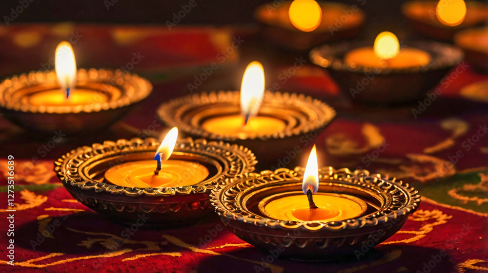 Diya Oil lamps against a bokeh background during Diwali, Holi, Durga puja, Dussehra, Lakshmi puja, religious Hindu festival of lights celebrated across India. Diya Oil lamps against a bokeh background during Diwali, Holi, Durga puja, Dussehra, Lakshmi puja, religious Hindu festival of lights celebrated across India.