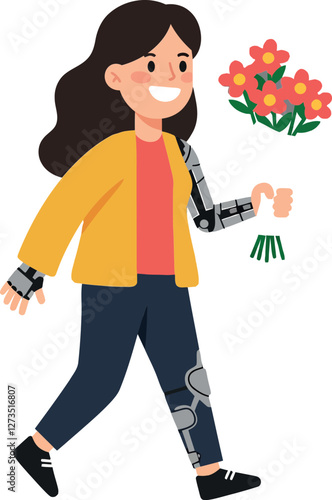 Girl with robotic arm joyfully holding flowers in flat vector art