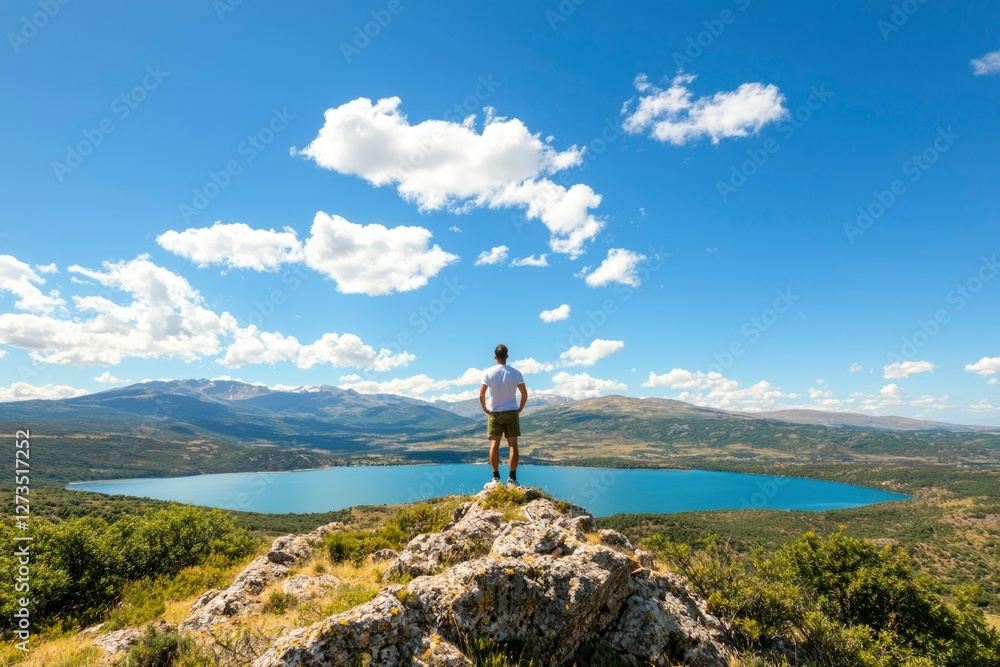 Obraz premium Man at Summit Admiring Lake Vista Under Blue Sky. Contemplative Outdoor Leisure