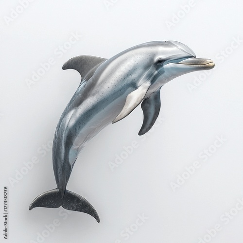 Detailed studio shot capturing a realistic dolphin figure against a white background, showcasing its smooth skin and anatomical features, artistic photography. photo