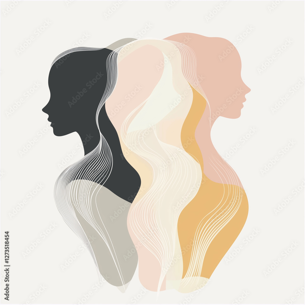 Abstract illustration of diverse female profiles in soft tones Abstract illustration of diverse female profiles in soft tones
