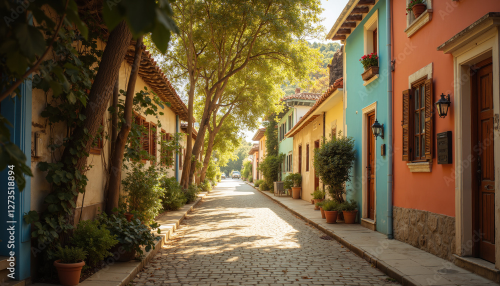 Charming cobblestone street with colorful houses and lush greenery in warm sunlight Charming cobblestone street with colorful houses and lush greenery in warm sunlight