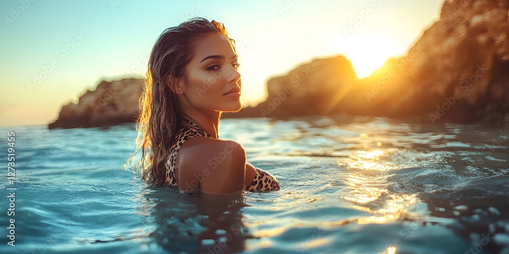 Stunning Girl Posing in Leopard Print Swimsuit Against a Beautiful Sunset at the Beach in Warm Ocean Waters Stunning Girl Posing in Leopard Print Swimsuit Against a Beautiful Sunset at the Beach in Warm Ocean Waters