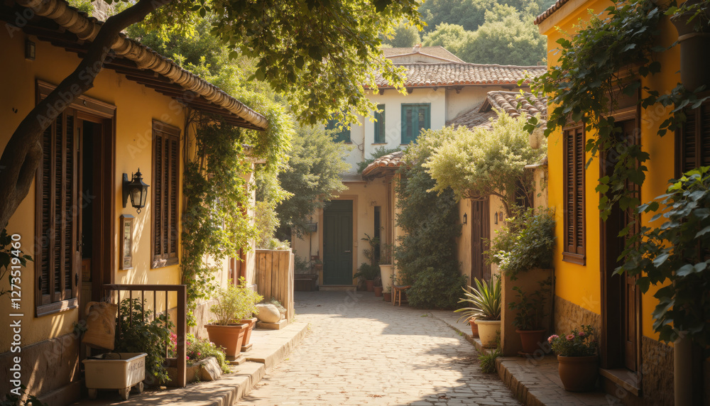 Fototapeta premium Charming cobblestone street with colorful houses and lush greenery in warm sunlight