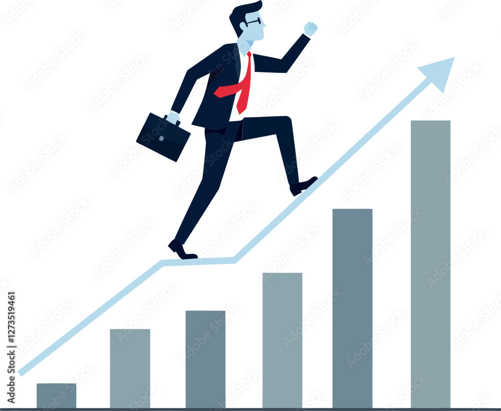 Businessman climbing graph with upward trend in flat vector art Businessman climbing graph with upward trend in flat vector art