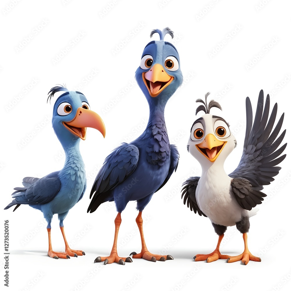 Fototapeta premium Three Cute Cartoon Birds Posing Together