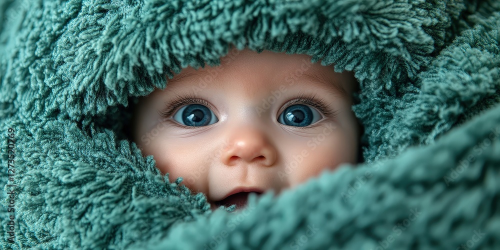 A baby peeks from beneath a teal blanket, captivating with direct gaze. Delicate eyes shine, wrapped in soft folds that hint warmth and coziness. Intriguing texture adds depth to this heartwarming clo A baby peeks from beneath a teal blanket, captivating with direct gaze. Delicate eyes shine, wrapped in soft folds that hint warmth and coziness. Intriguing texture adds depth to this heartwarming clo