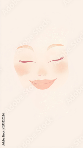 Minimalist abstract smiling face with closed eyes in soft tones