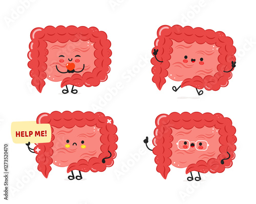 Cute cartoon Intestines characters in various emotional states