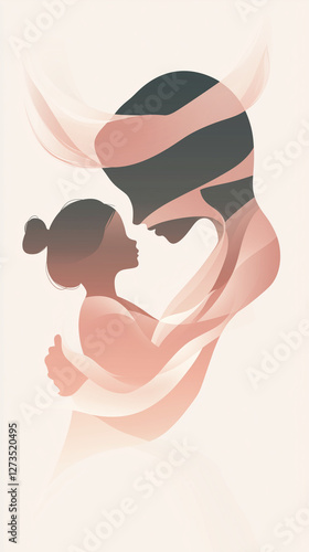 Abstract illustration of mother and daughter in warm embrace