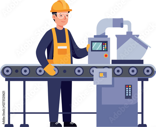 Industrial worker operating machinery on a conveyor belt in flat vector art