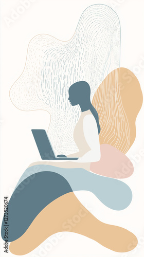 Minimalist illustration of a woman working on a laptop