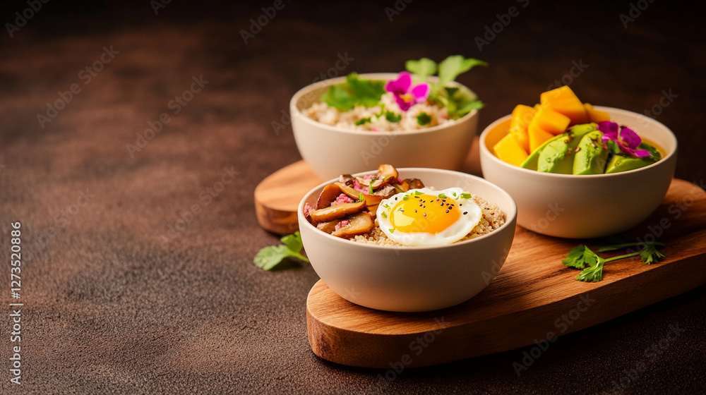 Exquisite arrangement of tiny bowls with avocado, mango, and egg on rustic background for culinary inspiration Exquisite arrangement of tiny bowls with avocado, mango, and egg on rustic background for culinary inspiration