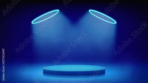 Futuristic blue stage, podium. Studio round podium pedestal. Circular cyan neon led halo. Loopable animation smoky background for displaying products, presentation. Backdrop. Showcase. Seamless loop