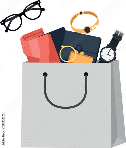 Shopping bag filled with stylish accessories in flat vector art