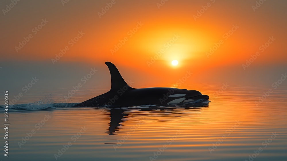 Fototapeta premium Mesmerizing silhouette of a killer whale against a calm serene ocean backdrop with soft ethereal lighting creating a minimalist abstract and captivating visual