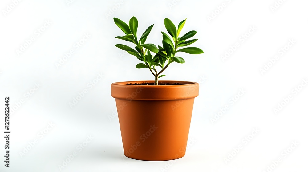 A small green plant in a terracotta pot against a white background. A small green plant in a terracotta pot against a white background.