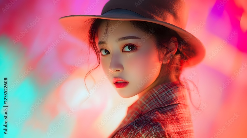 Stylish Young Asian Woman in Trendy Outfit with Fashionable Hat Posing Against a Colorful Background