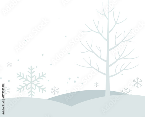 Winter landscape featuring trees and snowflakes in flat vector art