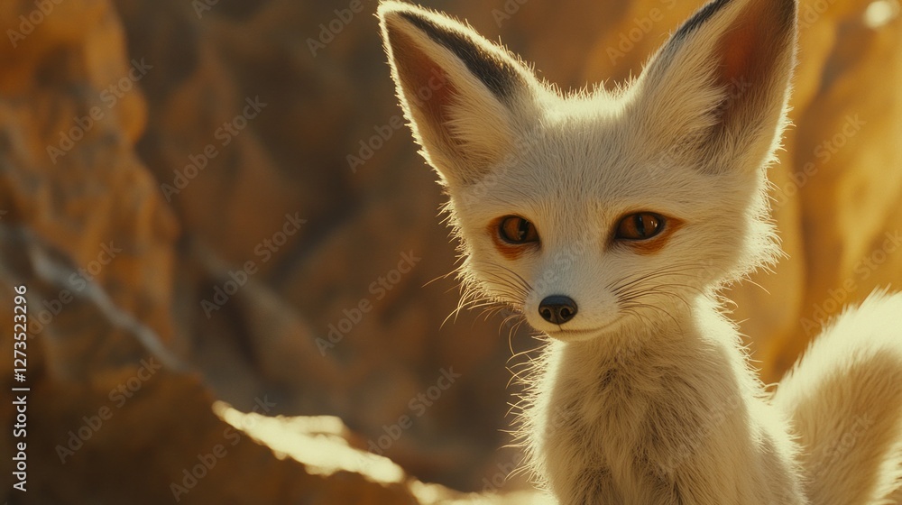 Obraz premium Adorable Fennec Fox On Blurred Desert Background. Captivating Wildlife, Beautiful Animal.