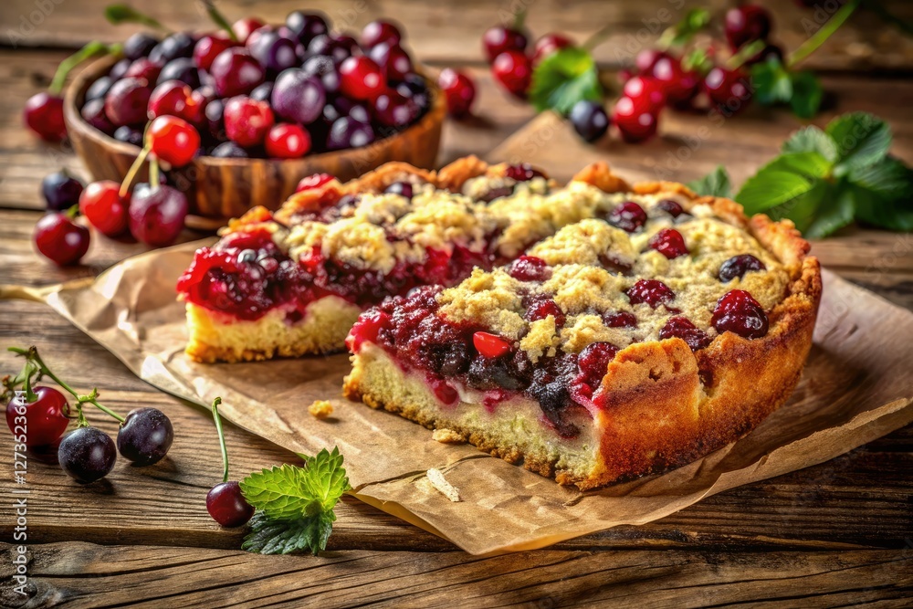 Blackcurrant and strawberry crumble cake: rustic charm captured. Blackcurrant and strawberry crumble cake: rustic charm captured.