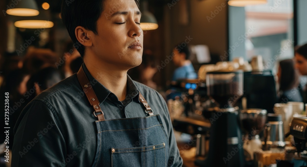 Fototapeta premium Male barista relaxed in coffee shop, enjoying peaceful moment