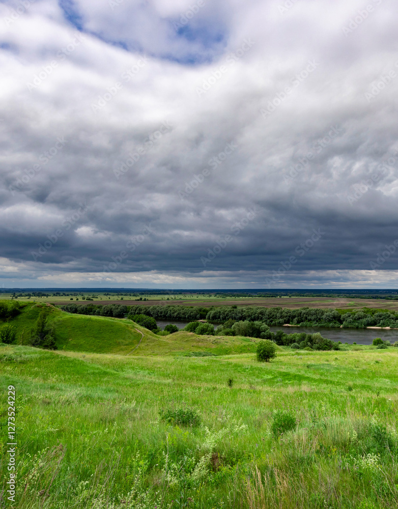 Fototapeta premium Cloudy sky with a green field in the background